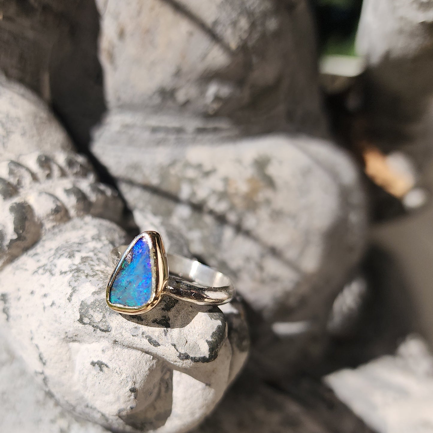 Australian Boulder Opal, 9K Gold, Sterling Silver Ring US Size 7.75