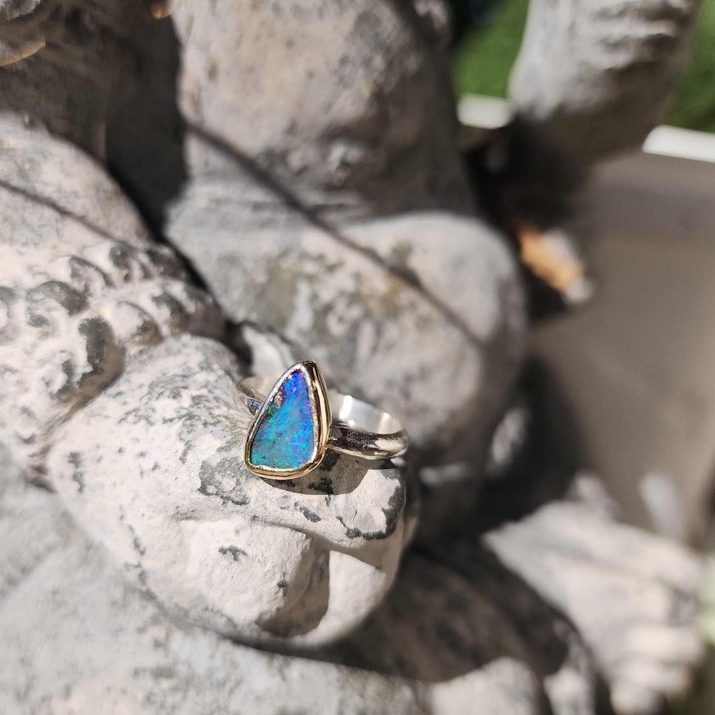 Australian Boulder Opal, 9K Gold, Sterling Silver Ring US Size 7.75