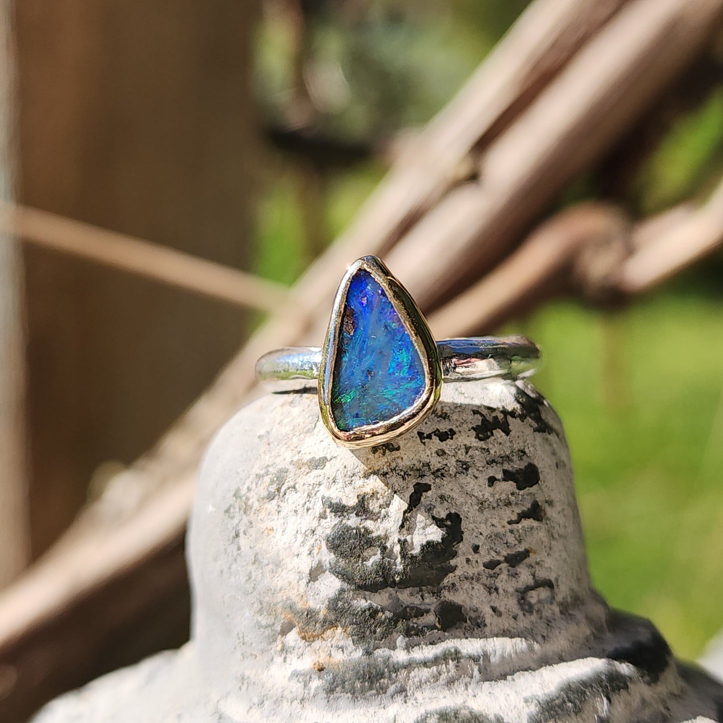 Australian Boulder Opal, 9K Gold, Sterling Silver Ring US Size 7.75