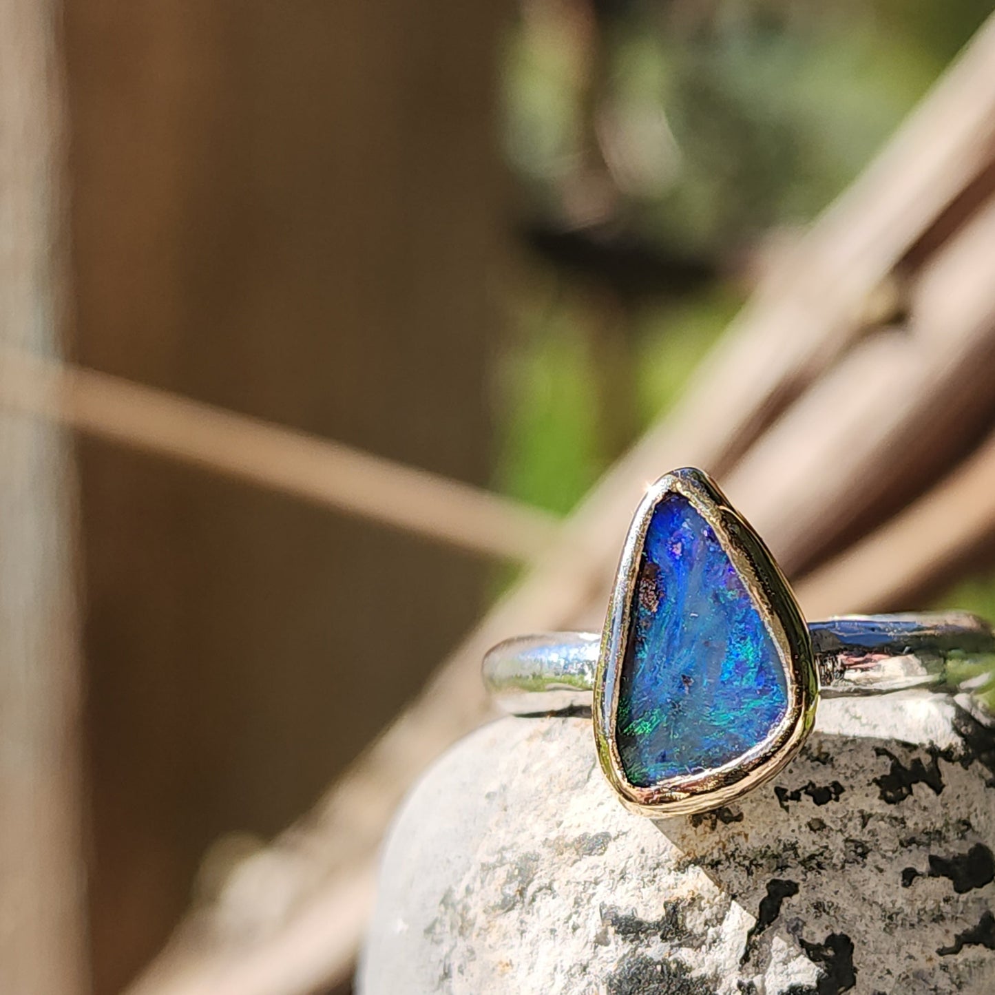 Australian Boulder Opal, 9K Gold, Sterling Silver Ring US Size 7.75
