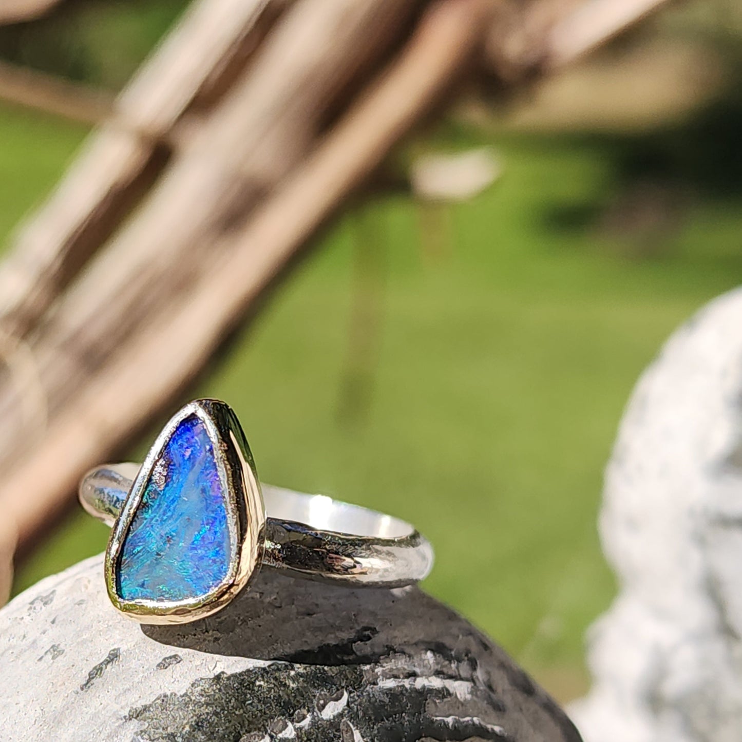 Australian Boulder Opal, 9K Gold, Sterling Silver Ring US Size 7.75