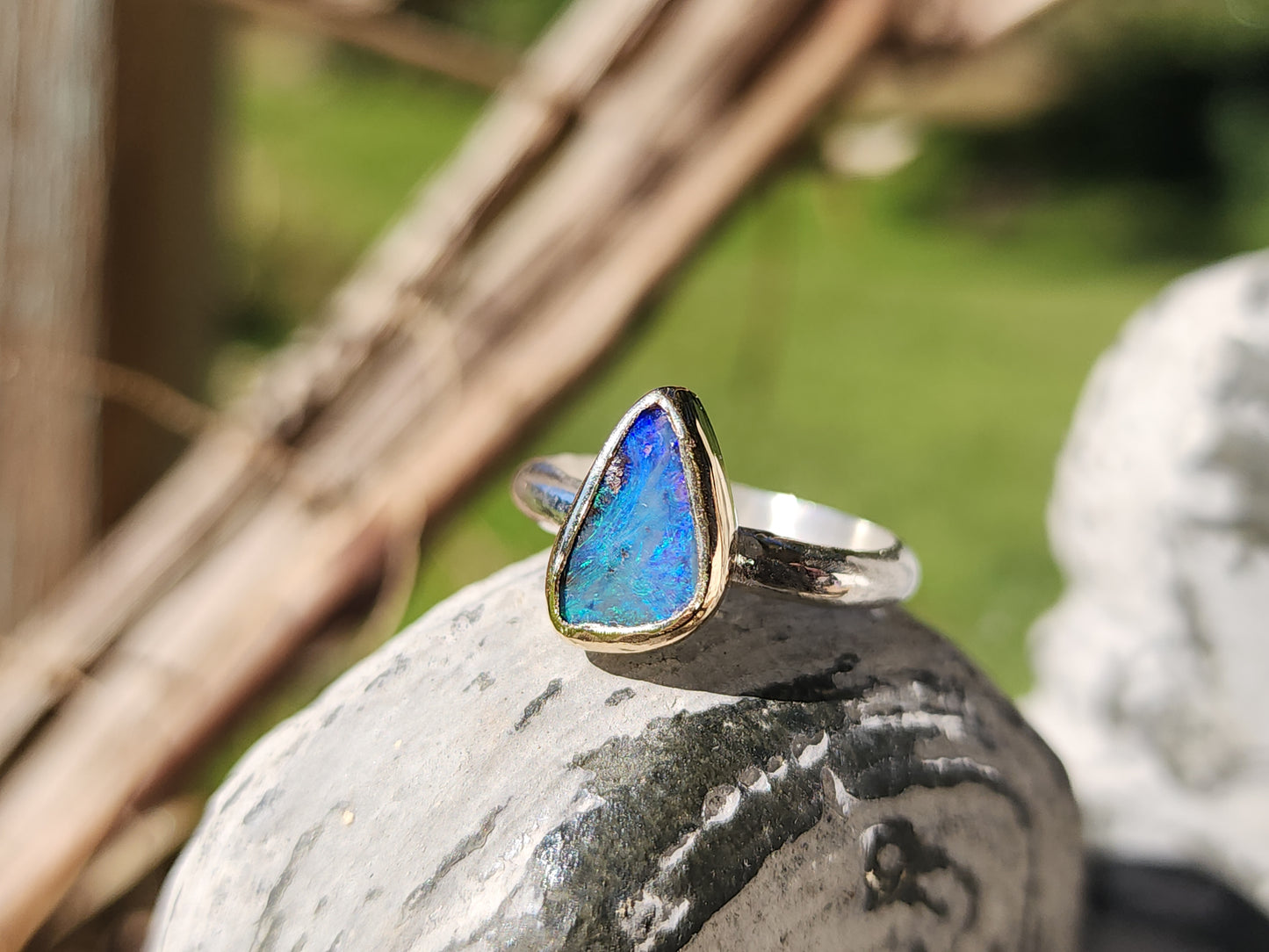 Australian Boulder Opal, 9K Gold, Sterling Silver Ring US Size 7.75