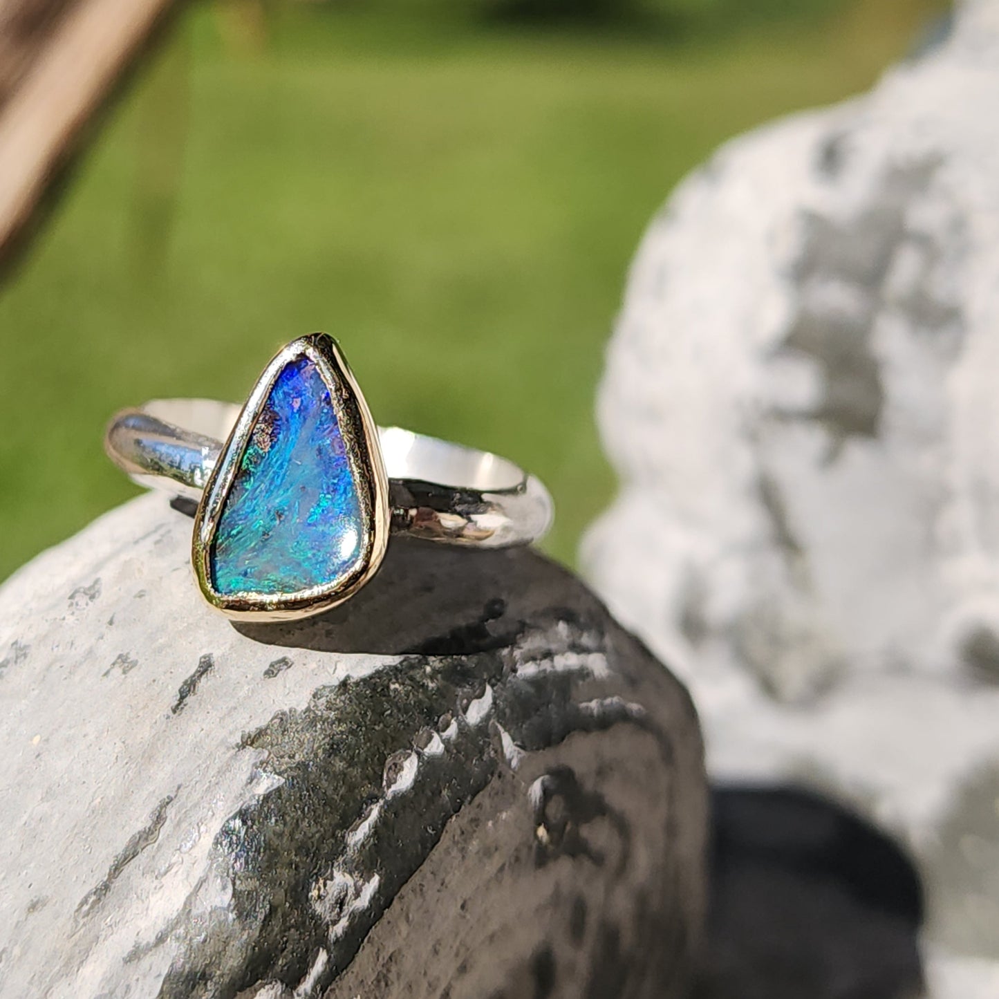 Australian Boulder Opal, 9K Gold, Sterling Silver Ring US Size 7.75