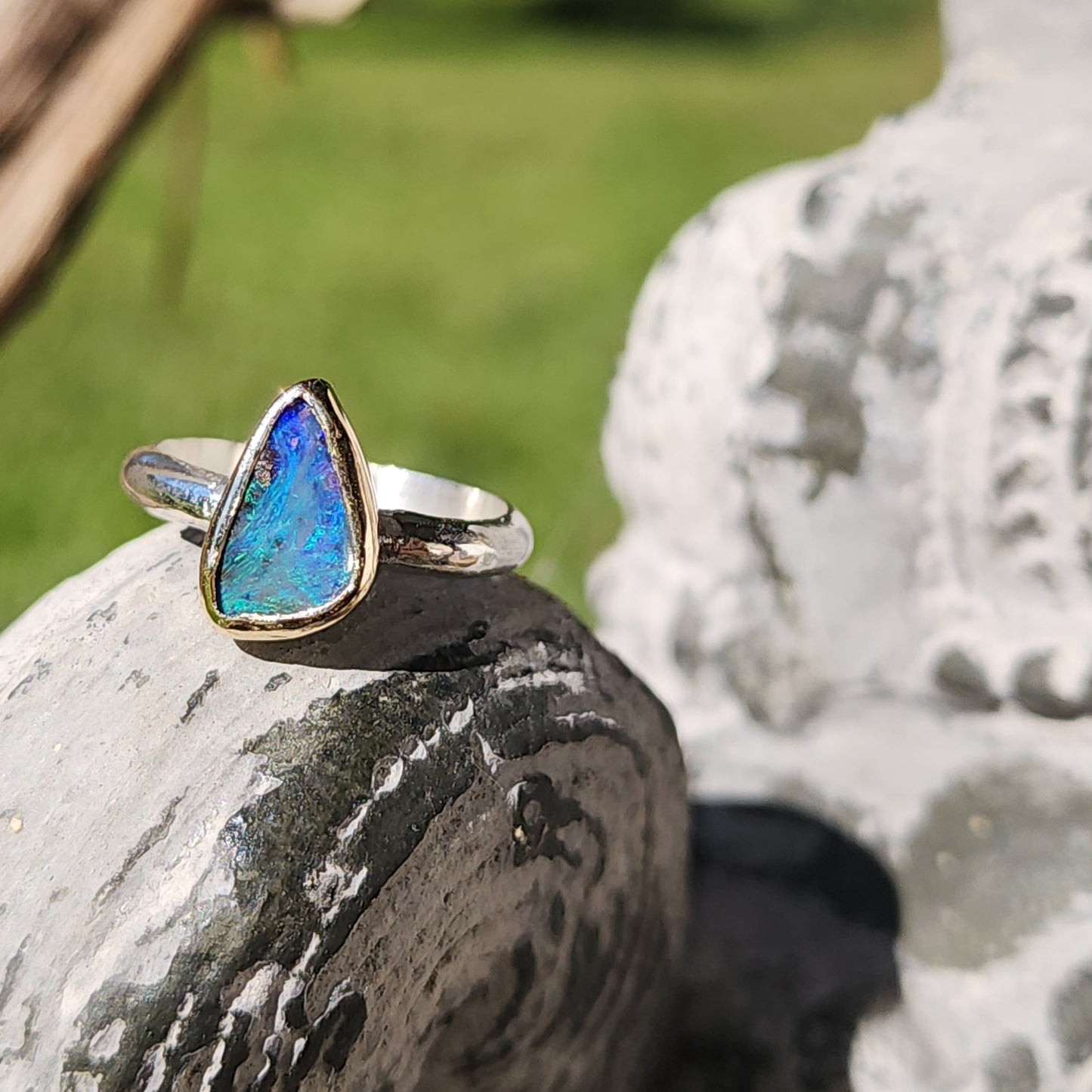 Australian Boulder Opal, 9K Gold, Sterling Silver Ring US Size 7.75