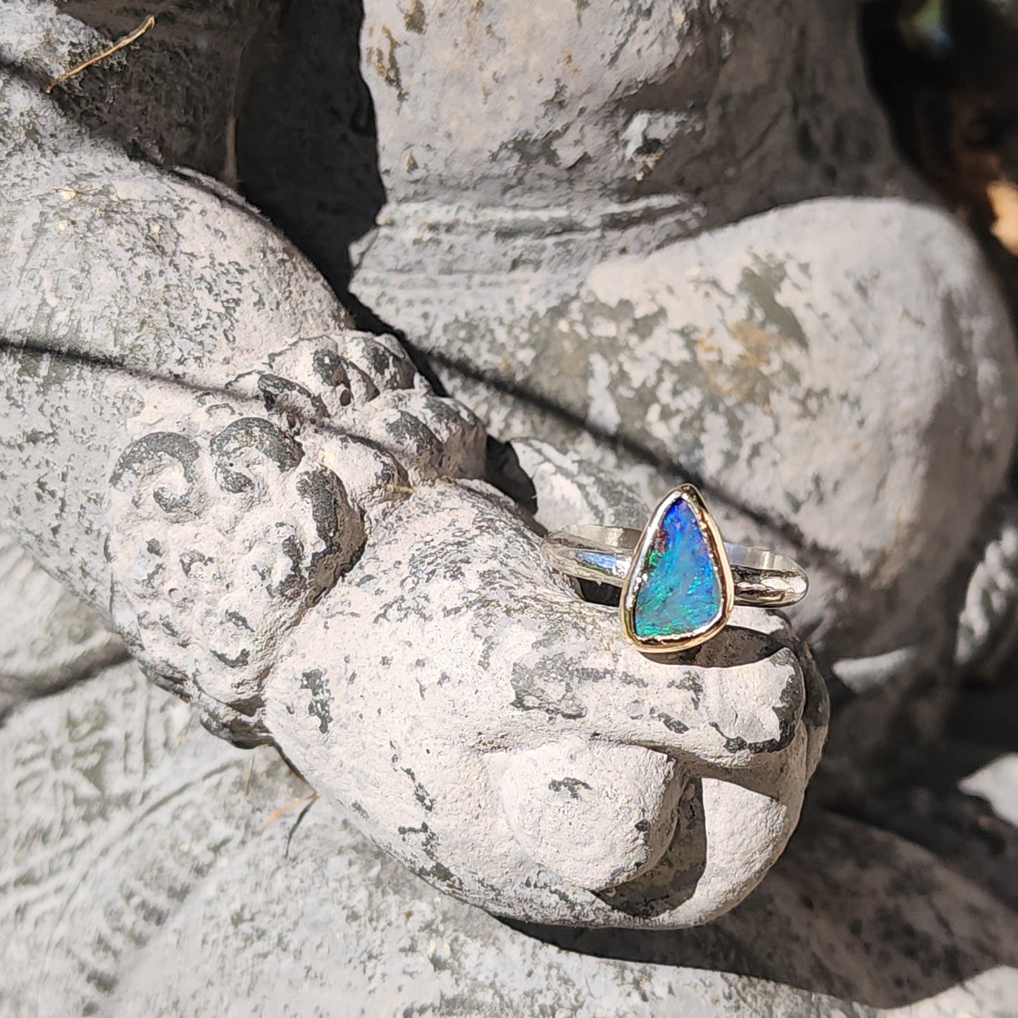 Australian Boulder Opal, 9K Gold, Sterling Silver Ring US Size 7.75