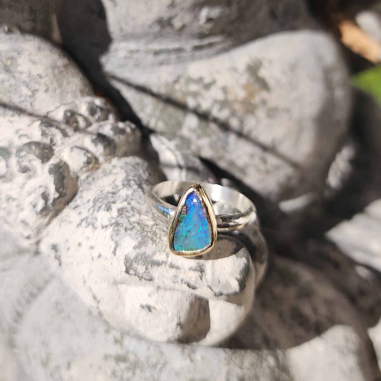 Australian Boulder Opal, 9K Gold, Sterling Silver Ring US Size 7.75