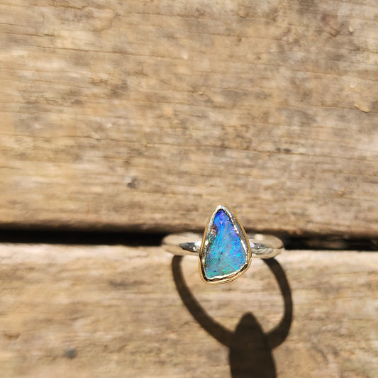Australian Boulder Opal, 9K Gold, Sterling Silver Ring US Size 7.75