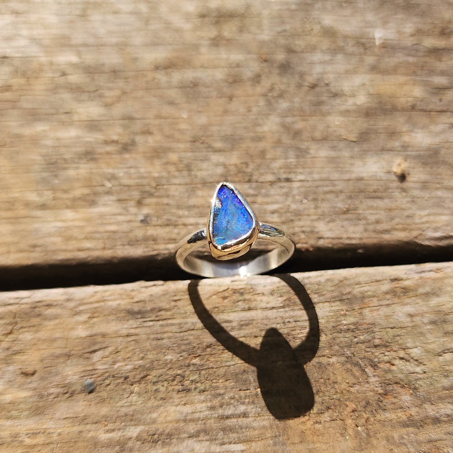 Australian Boulder Opal, 9K Gold, Sterling Silver Ring US Size 7.75
